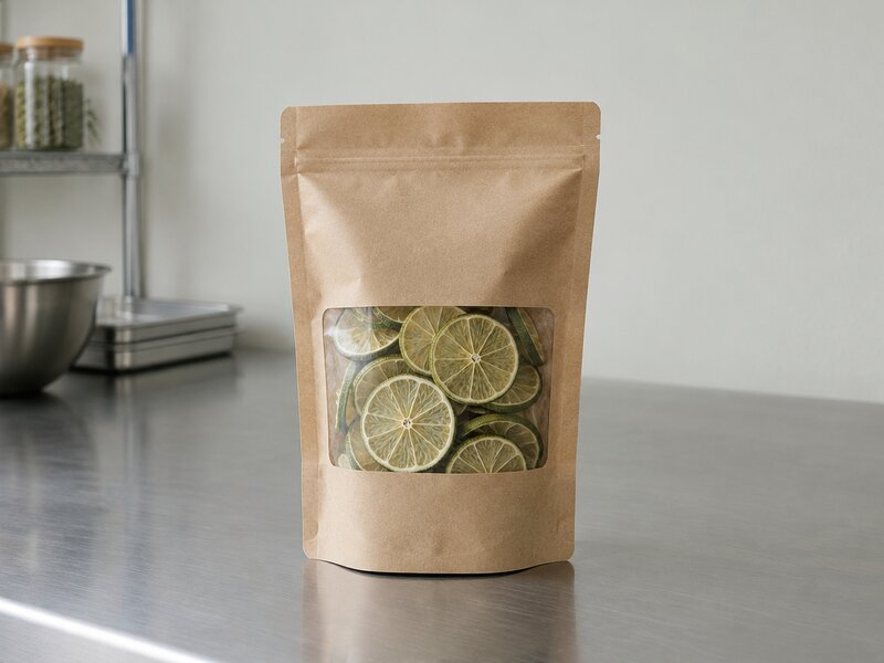 Un sachet kraft à fenêtre rempli de rondelles de citron vert séchées